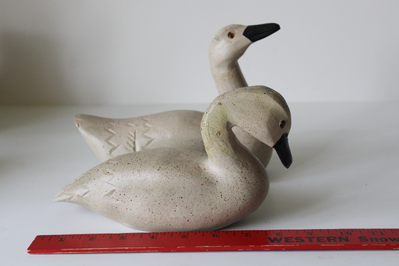 photo of pair of small swans, primitive folk art style decorative swan decoys, composition carved wood #6