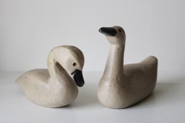 pair of small swans, primitive folk art style decorative swan decoys, composition carved wood 