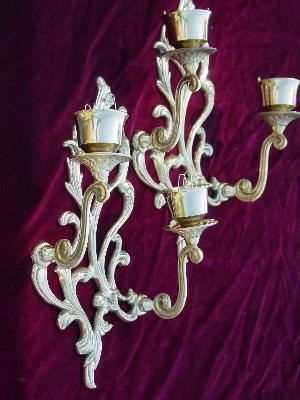 photo of pair of solid brass candle sconces with ornate scrolls #1