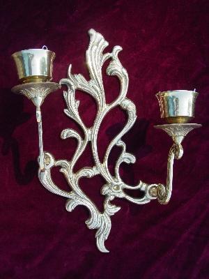 photo of pair of solid brass candle sconces with ornate scrolls #2