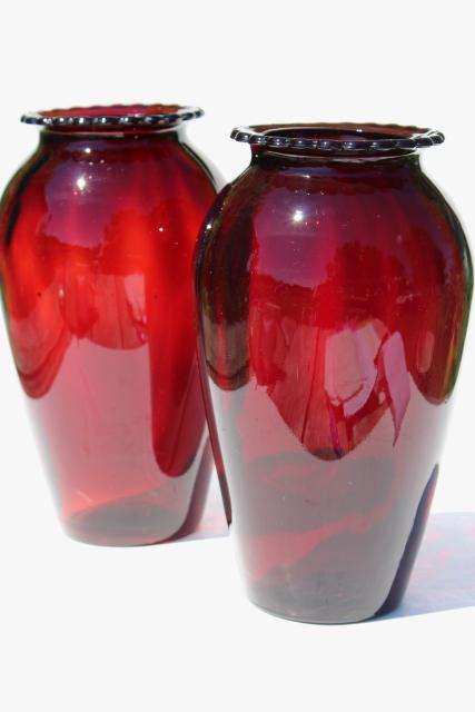 photo of pair of tall Christmas red vases, vintage Anchor Hocking royal ruby glass  #1