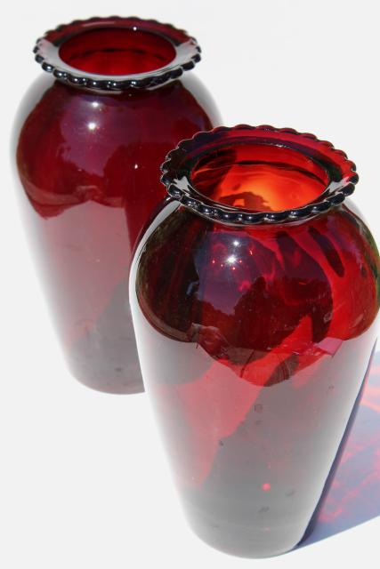 photo of pair of tall Christmas red vases, vintage Anchor Hocking royal ruby glass  #2