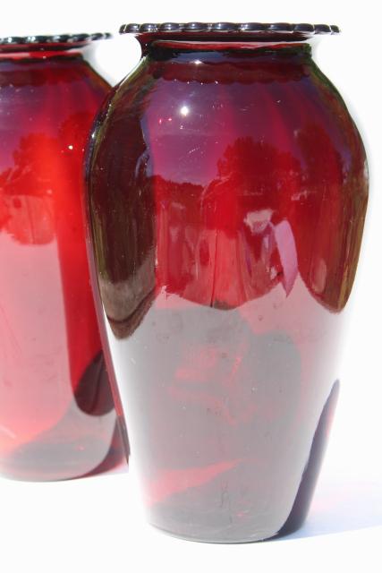 photo of pair of tall Christmas red vases, vintage Anchor Hocking royal ruby glass  #5