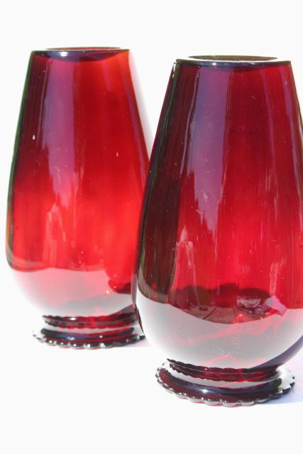 photo of pair of tall Christmas red vases, vintage Anchor Hocking royal ruby glass  #7