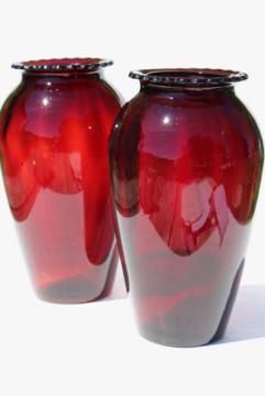 catalog photo of pair of tall Christmas red vases, vintage Anchor Hocking royal ruby glass 