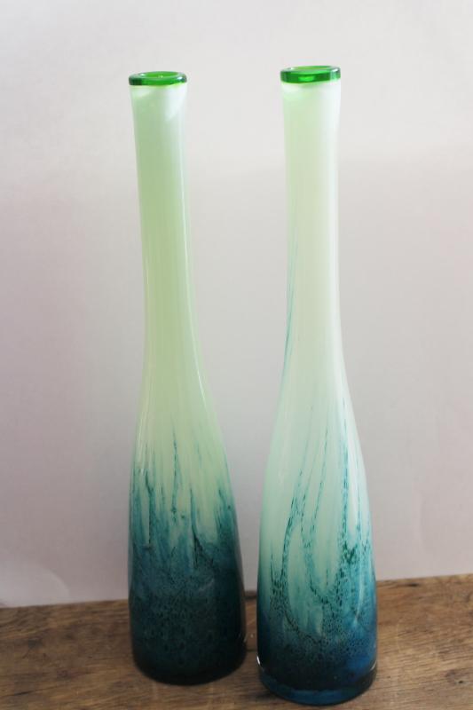 photo of pair of tall art glass floor or table vases, ocean green swirled glass  #2