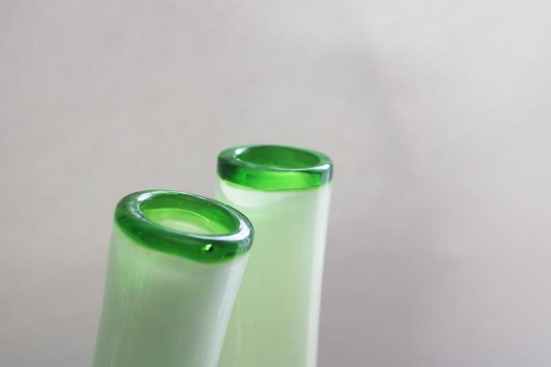 photo of pair of tall art glass floor or table vases, ocean green swirled glass  #3