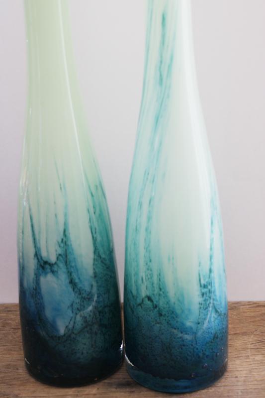 photo of pair of tall art glass floor or table vases, ocean green swirled glass  #4