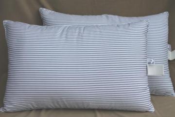 catalog photo of pair of ticking stripe white down pillows, 90s vintage luxury bedding Down Inc 