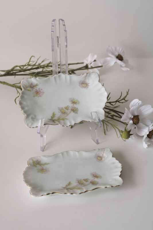 photo of pair of tiny china trays, trinket dishes or pin trays w/ pink daisies, early 1900s antiques  #1