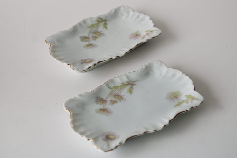 photo of pair of tiny china trays, trinket dishes or pin trays w/ pink daisies, early 1900s antiques  #3