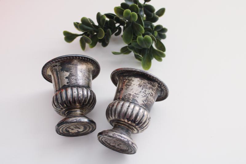 photo of pair of tiny old sterling silver vases or spill holders, trophy cup shape urns #2