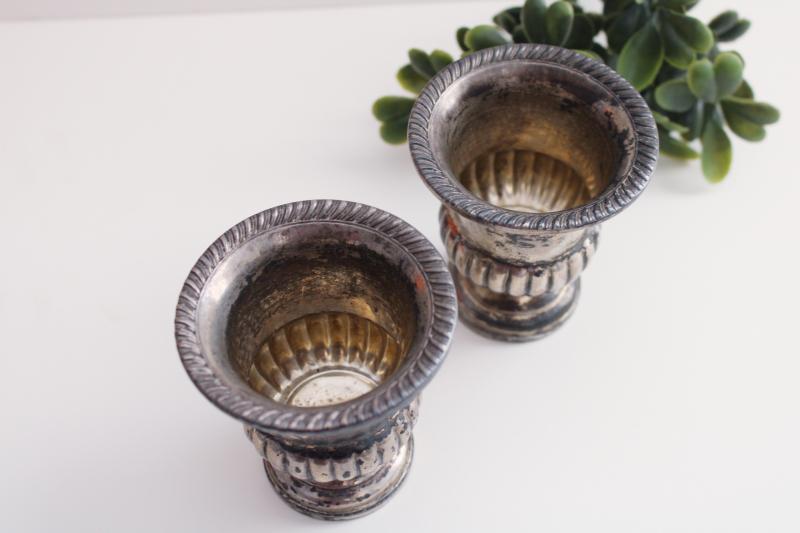 photo of pair of tiny old sterling silver vases or spill holders, trophy cup shape urns #3