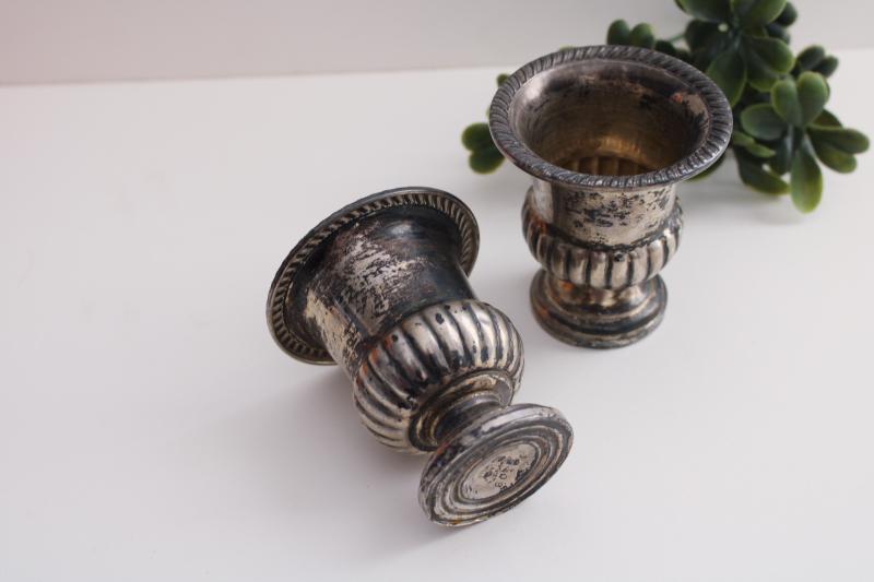 photo of pair of tiny old sterling silver vases or spill holders, trophy cup shape urns #4