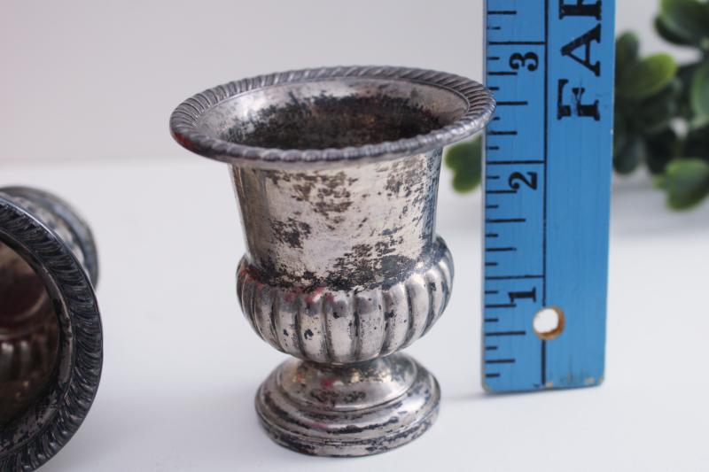 photo of pair of tiny old sterling silver vases or spill holders, trophy cup shape urns #8