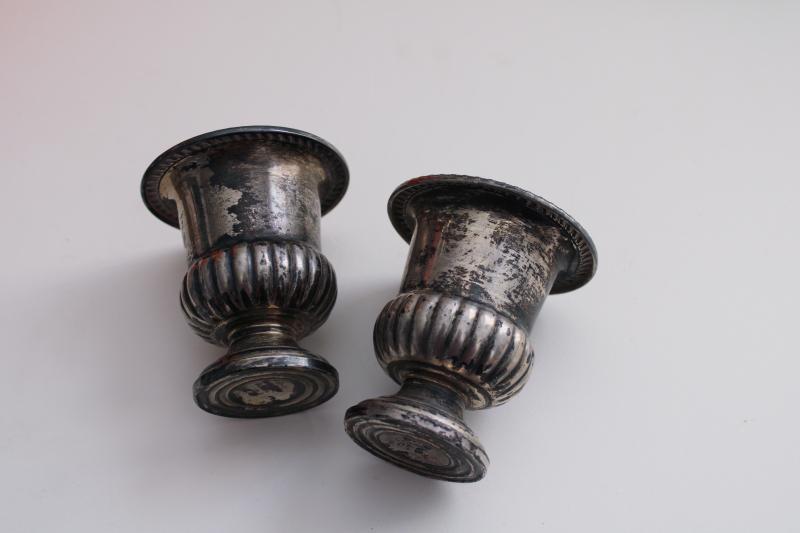 photo of pair of tiny old sterling silver vases or spill holders, trophy cup shape urns #10