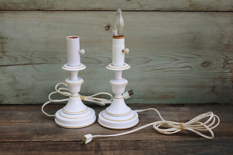 photo of pair of tole metal candlestick lamps, white w/ mustard gold, 80s vintage cottage style  #1