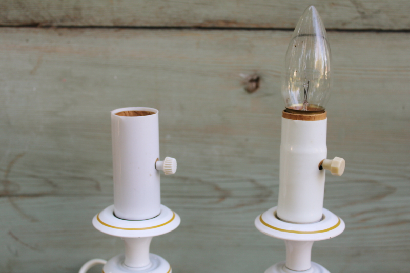 photo of pair of tole metal candlestick lamps, white w/ mustard gold, 80s vintage cottage style #2