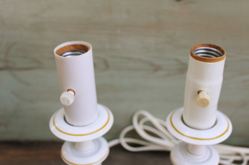 photo of pair of tole metal candlestick lamps, white w/ mustard gold, 80s vintage cottage style #3