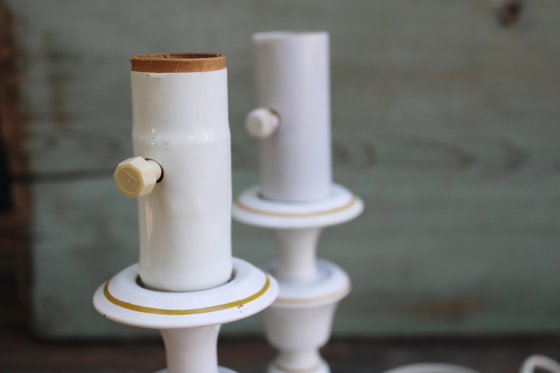 photo of pair of tole metal candlestick lamps, white w/ mustard gold, 80s vintage cottage style #5