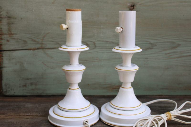 photo of pair of tole metal candlestick lamps, white w/ mustard gold, 80s vintage cottage style #6