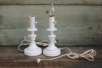 catalog photo of pair of tole metal candlestick lamps, white w/ mustard gold, 80s vintage cottage style