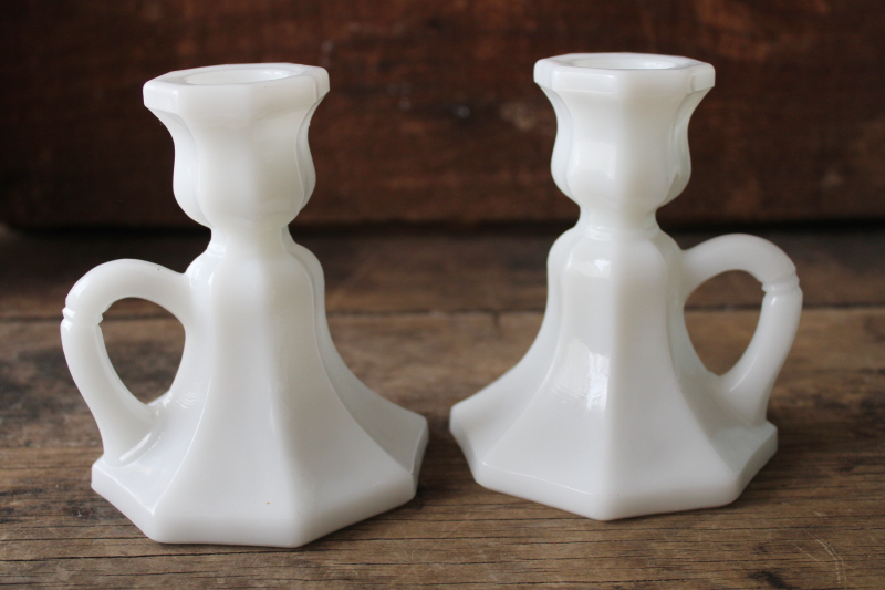 photo of pair of vintage Anchor Hocking milk glass candlesticks, chamber candle holders w/ handles #1