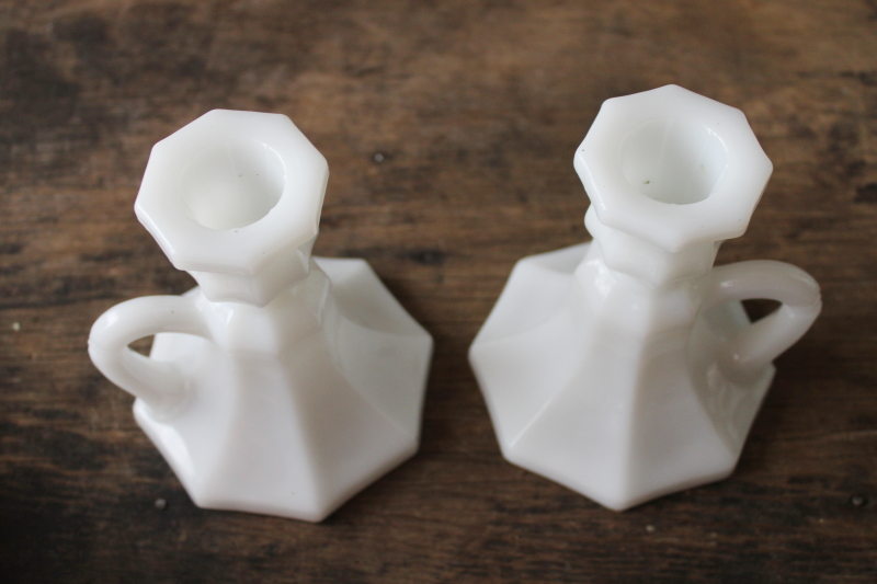 photo of pair of vintage Anchor Hocking milk glass candlesticks, chamber candle holders w/ handles #2