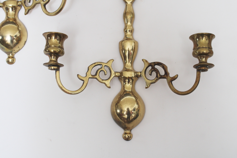 photo of pair of vintage English brass candle sconces, wall hanging double light candle holders  #2