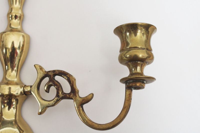 photo of pair of vintage English brass candle sconces, wall hanging double light candle holders  #3