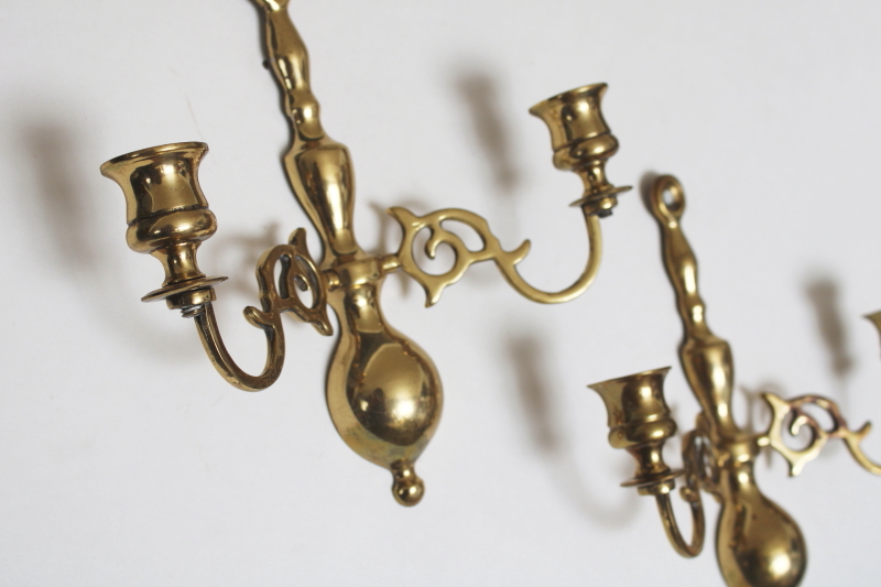 photo of pair of vintage English brass candle sconces, wall hanging double light candle holders  #4