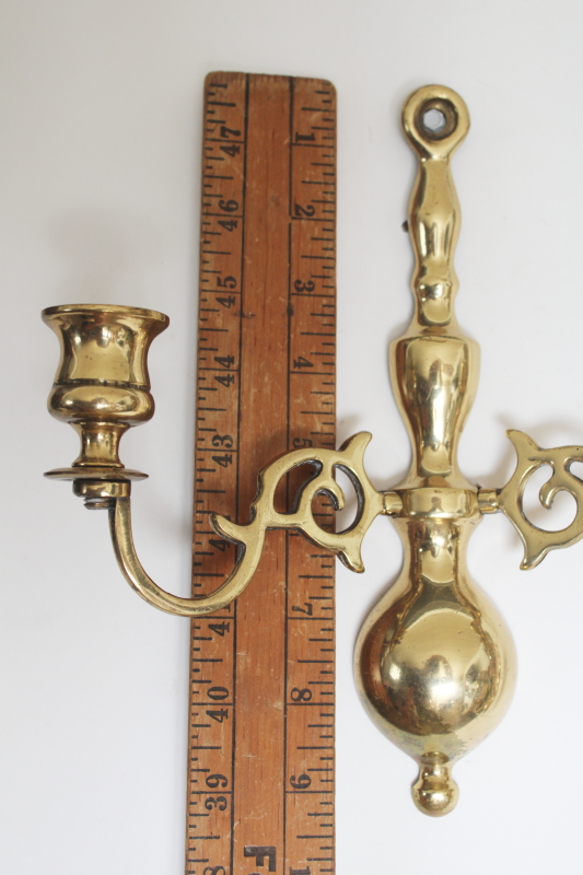 photo of pair of vintage English brass candle sconces, wall hanging double light candle holders  #5