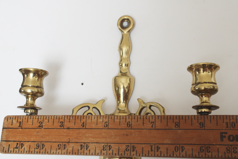 photo of pair of vintage English brass candle sconces, wall hanging double light candle holders  #6