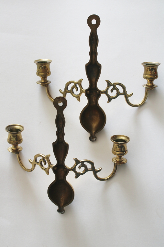 photo of pair of vintage English brass candle sconces, wall hanging double light candle holders  #7