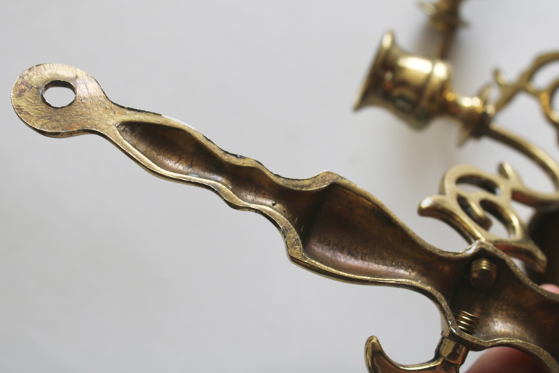 photo of pair of vintage English brass candle sconces, wall hanging double light candle holders  #8