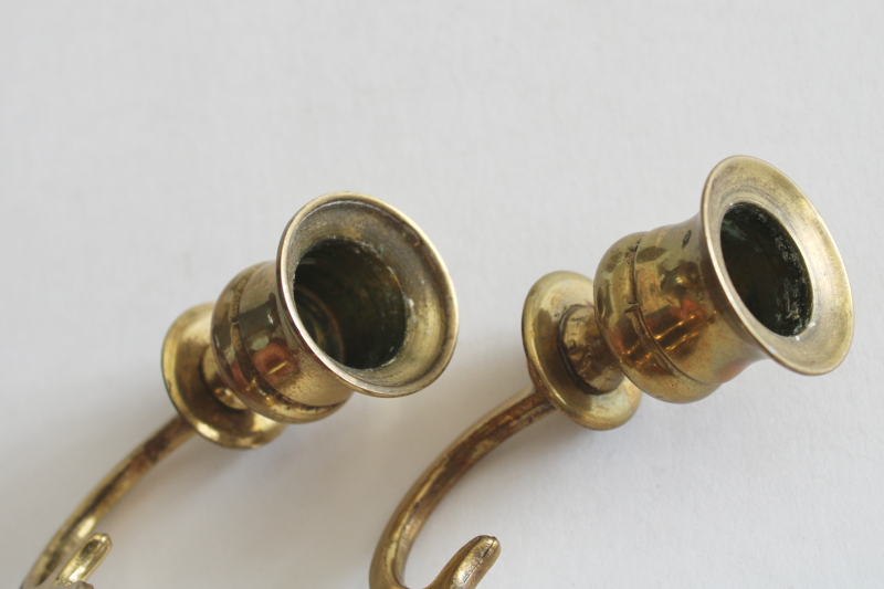 photo of pair of vintage English brass candle sconces, wall hanging double light candle holders  #9