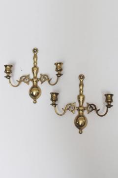 catalog photo of pair of vintage English brass candle sconces, wall hanging double light candle holders 