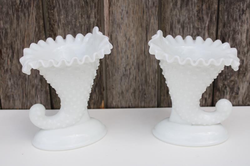 photo of pair of vintage Fenton cornucopia candle holder vases, hobnail milk glass horns  #1