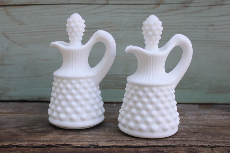 photo of pair of vintage Fenton hobnail milk glass cruets w/ stoppers, opaque white milk glass #1