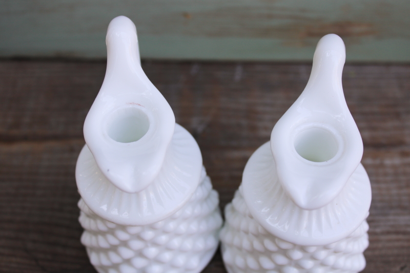 photo of pair of vintage Fenton hobnail milk glass cruets w/ stoppers, opaque white milk glass  #2
