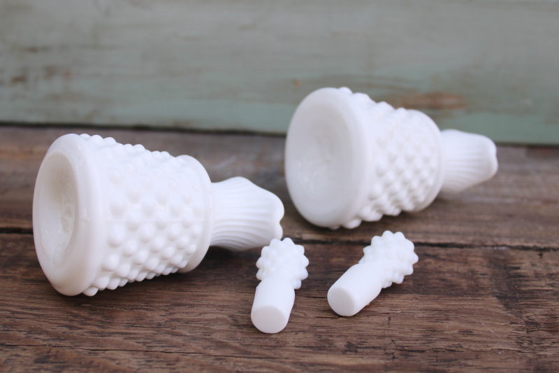 photo of pair of vintage Fenton hobnail milk glass cruets w/ stoppers, opaque white milk glass  #3