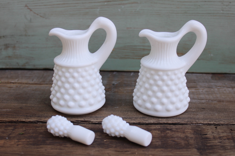 photo of pair of vintage Fenton hobnail milk glass cruets w/ stoppers, opaque white milk glass  #4