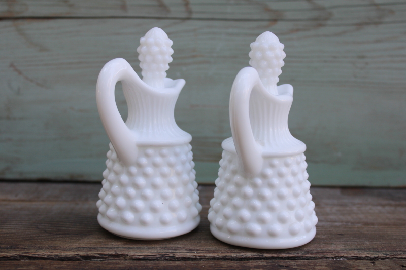 photo of pair of vintage Fenton hobnail milk glass cruets w/ stoppers, opaque white milk glass  #5