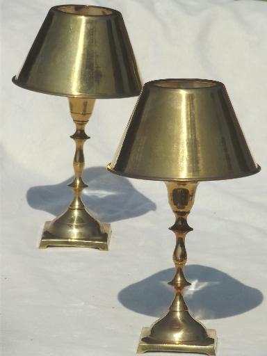 photo of pair of vintage brass candle lamps, solid brass candlesticks w/ shades #2