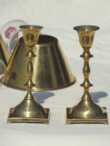 photo of pair of vintage brass candle lamps, solid brass candlesticks w/ shades #5