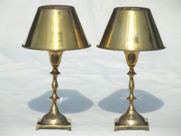 catalog photo of pair of vintage brass candle lamps, solid brass candlesticks w/ shades