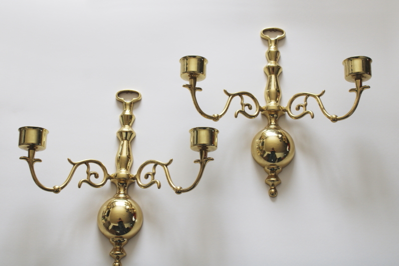 photo of pair of vintage candle sconces, polished solid brass wall hanging double light candle holders  #1