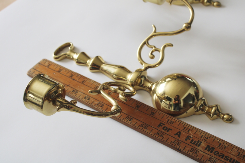 photo of pair of vintage candle sconces, polished solid brass wall hanging double light candle holders  #2