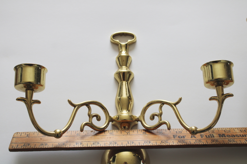 photo of pair of vintage candle sconces, polished solid brass wall hanging double light candle holders  #3