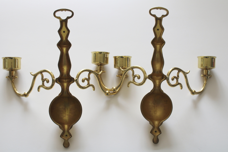 photo of pair of vintage candle sconces, polished solid brass wall hanging double light candle holders  #4